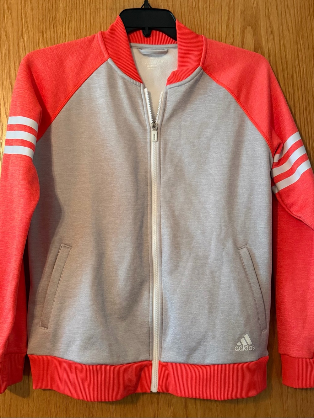 Women’s Large Adidas Coral and Light Gray Zip-Up Track Jacket pockets sweatshirt